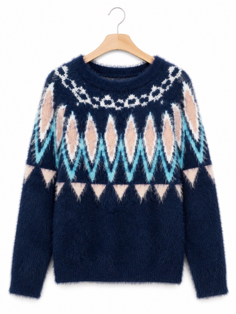 Lauren Conrad Fuzzy Eyelash Knit Sweater Blue Fair Isle Aztec Boho Cozy NWT XS
